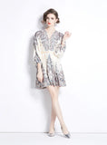 RETRO PRINTED V-NECK LONG SLEEVE DRESS