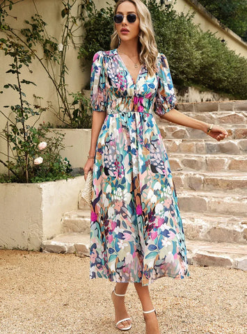 SILM WAIST V-NECK PRINTED LONG DRESS