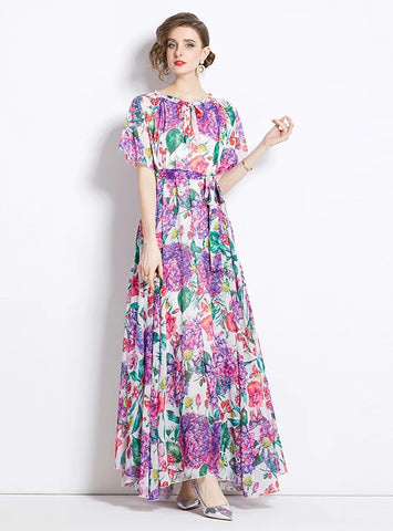 RETRO HOLIDAY PRINTED ROUND NECK SHORT SLEEVE DRESS