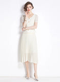 SLIM-FIT LACE PLEATED SHORT SLEEVE DRESS