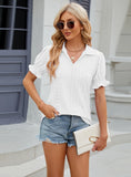 SOLID COLOR LAPEL SHORT SLEEVE PLEATED LOOSE T-SHIRT