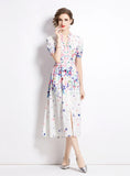 FASHION PRINTED V-NECK SHORT-SLEEVED SLIM DRESS