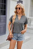 SOLID COLOR V-NECK BUTTON SHORT SLEEVE T-SHIRT