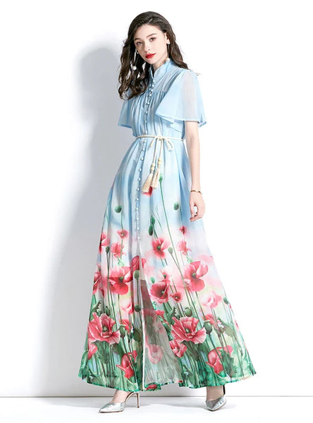 STAND-UP PRINTED SHORT SLEEVE LONG DRESS