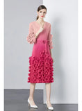 FOLDING WOODEN EAR RUFFLED SLIM V-NECK GRADIENT DRESS