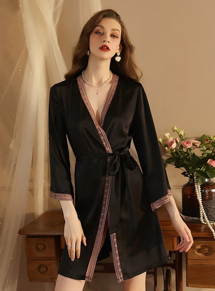FASHION ICE SILK LONG SLEEVE SILK LACE BATHROBE
