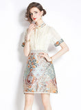RETRO JACQUARD STAND COLLAR LACE DRESS