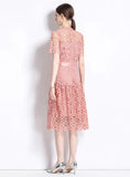 RETRO SHORT SLEEVE ROUND NECK LACE DRESS