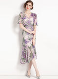 PURPLE SQUARE COLLAR PRINTED FLORAL DRESS