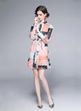 RETRO COLOR MATCHING PRINTED LONG-SLEEVED DRESS