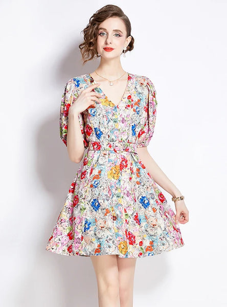V-NECK SLIM WAIST FLORAL DRESS