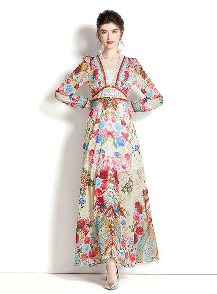 LONG SLEEVE LANTERN SLEEVE PRINTED DRESS
