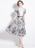RETRO PRINTING SHORT SLEEVE DYEING DRESS
