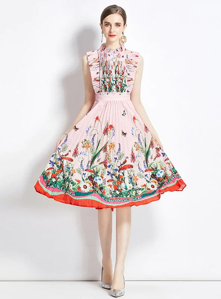 PINK PRINTED PLEATED SLEEVELESS DRESS