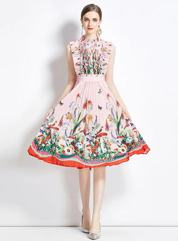 PINK PRINTED PLEATED SLEEVELESS DRESS