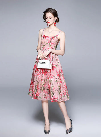 SLIM-FIT MID-LENGTH PRINTED SUSPENDERS DRESS