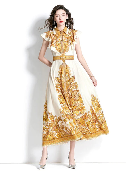 PALACE STYLE LAPEL SLEEVELESS PRINT LONG DRESS