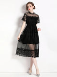 MESH STITCHING LONG LACE SHORT SLEEVE DRESS