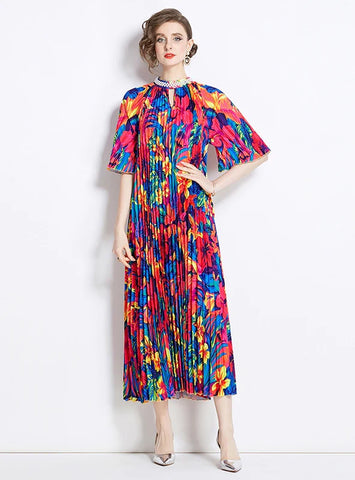 NAIL BEAD PRINTED PLEATED PEARL PLEATED DRESS