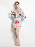 PRINTED BOW TIE SHIRT+HIGH WAIST SKIRT SUIT