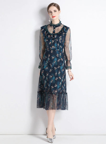 PRINTED FLORAL PALACE STYLE SLIM DRESS