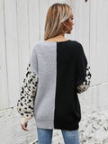 STYLISH LOOSE V-NECK SPLICING LEOPARD PRINT PULLOVER SWEATER