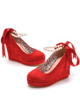 BEADED RIBBON ROUND HEAD WATERPROOF PLATFORM SHOES