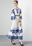 PLEATED BLUE AND WHITE PORCELAIN LOOSE DRESS