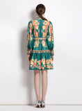 VINTAGE PRINTED LANTERN SLEEVE V-NECK DRESS