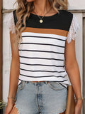 STRIPED CONTRAST LACE STITCHING T-SHIRT