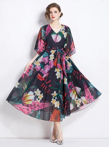 RETRO PRINTED V-NECK FIVE-POINT SLEEVE LOOSE DRESS