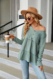 SOLID COLOR V-NECK BUTTON LOOSE LONG SLEEVE T-SHIRT