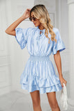 SATIN SOLID COLOR LOOSE V-NECK LOTUS LEAF DRESS