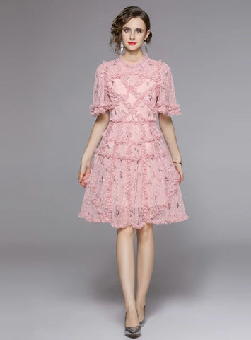 HEAVY INDUSTRY EMBROIDERED RUFFLED FLORAL DRESS