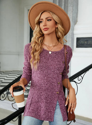 ROUND NECK BUTTON SPLIT LONG SLEEVE T-SHIRT