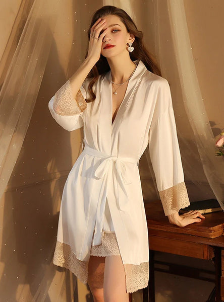 FASHION LONG SLEEVE SATIN LACE NIGHTGOWN