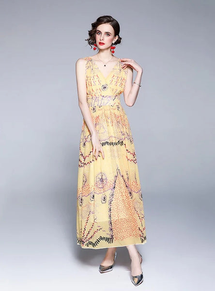 SLEEVELESS V-NECK CHIFFON PRINTED BEACH DRESS