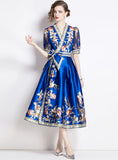 VINTAGE PALACE STYLE PRINTED V-NECK BIG SWING DRESS