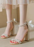 THICK-HEELED PEARL BOW SANDALS