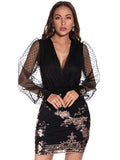 SEXY MESH LONG SLEEVE SEQUINED DRESS