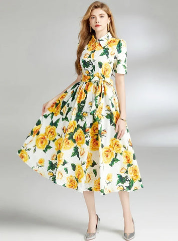 LAPEL SLIM WAIST PRINTED MEDIUM AND LONG DRESS