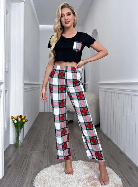 FASHION SUMMER SHORT SLEEVE PLAID TROUSERS S
