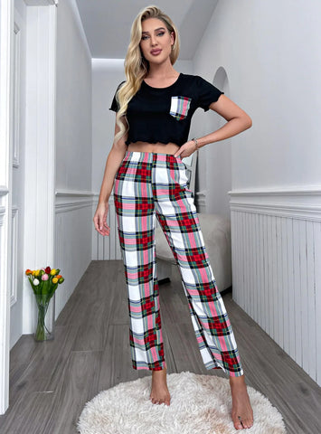 FASHION SUMMER SHORT SLEEVE PLAID TROUSERS S