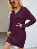 STYLISH SOLID COLOR V-NECK LONG SWEATER DRESS