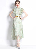 ROUND NECK LOTUS LEAF SHORT SLEEVE PRINTED DRESS