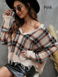FASHION BROKEN V-NECK LOOSE CHECK JACQUARD SWEATER