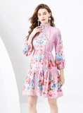 RETRO PAINTED LANTERN SLEEVE WAVY PRINTED DRESS