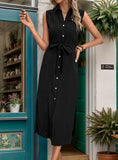 SLEEVELESS LAPELS BLACK BUTTONS DRESS