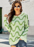 FASHION LOOSE ROUND NECK WAVY JACQUARD CONTRAST SWEATER