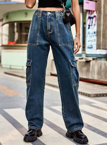 RETRO ELASTIC WAIST DENIM CASUAL PANTS